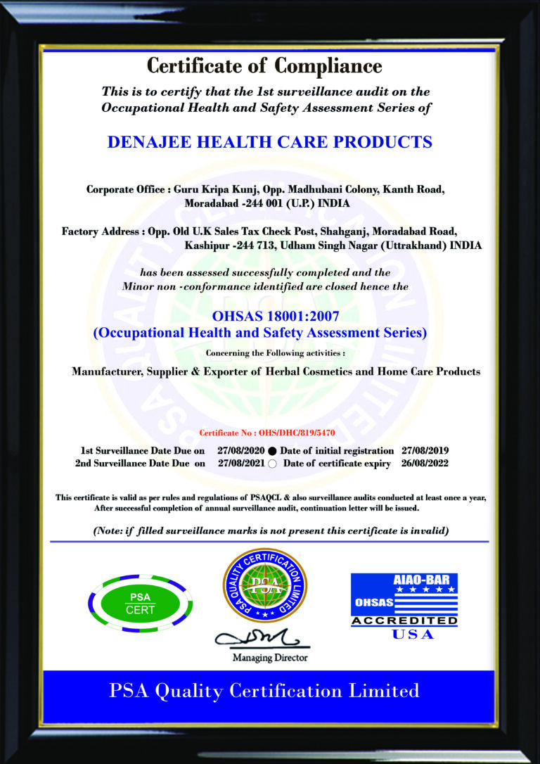DENAJEE HEALTH CARE PRODUCTS OHSAS 18001 CERT 2020